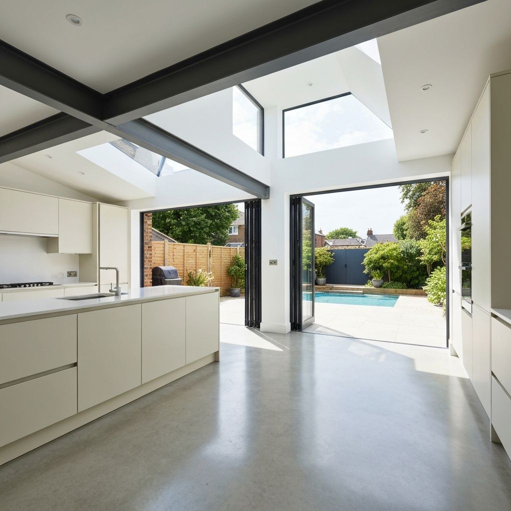 Modern open-plan kitchen created by a house extension